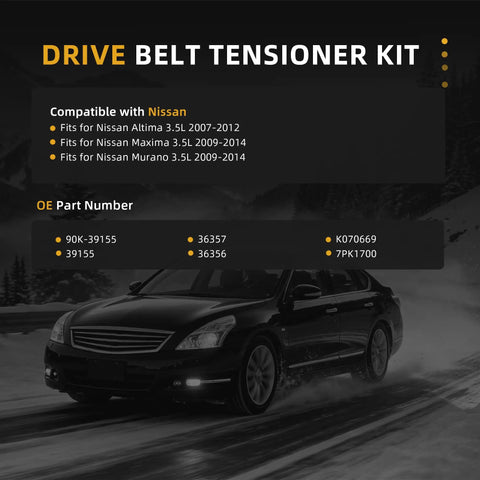 Heavy Duty Serpentine Belt Tensioner Idler Pulley Kit Replaces 90K-39155 For Nissan Altima Maxima Murano 3.5L V6 Engines Smooth Ride And Reliable Performance No More Squeaking Or Slipping., Nissan sedan in snow