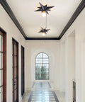 Black Star Flush Mount Ceiling Light With Pull Chain On Off Switch, Modern Mid Century Style Fixture in hallway view.