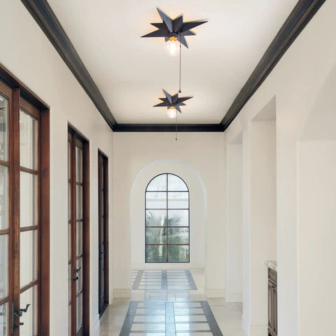 Black Star Flush Mount Ceiling Light With Pull Chain On Off Switch, Modern Mid Century Style Fixture in hallway view.