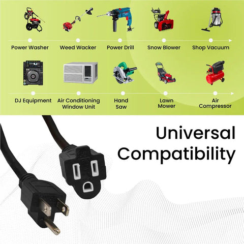 50 Foot Heavy Duty Extension Cord 14 Gauge 3 Wire Black Outdoor SJTW Rated Workhorse Cable compatible with various tools.