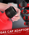 Close-up of a red fuel can and black gas cap adapters, part of the Battery Powered Gas Transfer Pump With Auto Stop kit