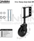 4 Inch Heavy Duty Spring Loaded Gate Caster Wheel With Side Brake 360 Degree Swivel Drag Gate Wheel For Wooden Gates Fences Metal Tube Gates Anti Sag Kit 200 Lbs Capacity 1 Pack Black shown with mounting hardware.