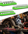 Heavy Duty Socket Organizers Set Of Three Portable Rack Holders For Garage Workshop Tool Stash Keeper Sturdy Pp Design Tame The Clutter In Your Sweet Setup And Keep It Tight Sae Green on a workbench with mechanic hands.