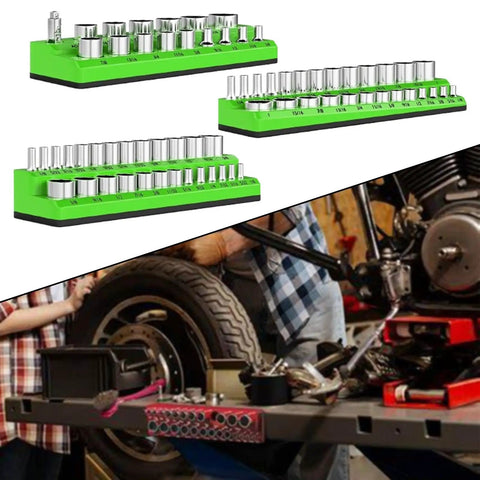 Heavy Duty Socket Organizers Set Of Three Portable Rack Holders For Garage Workshop Tool Stash Keeper Sturdy Pp Design Tame The Clutter In Your Sweet Setup And Keep It Tight Sae Green on a workbench with mechanic hands.