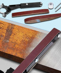 Knockout Belt Sander Attachment For Angle Grinder, Bandfile Conversion Kit With 20 Premium Grit Belts, showing metal frame and sandpaper strips.