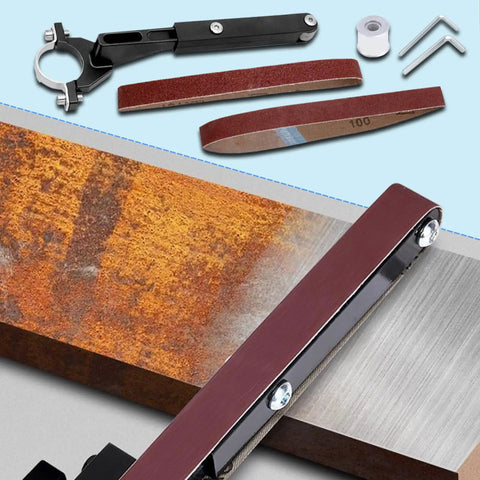 Knockout Belt Sander Attachment For Angle Grinder, Bandfile Conversion Kit With 20 Premium Grit Belts, showing metal frame and sandpaper strips.