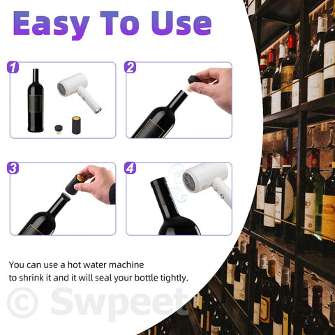 Step-by-step guide for using the Pretty Legit Fifty Four Piece Wine Bottle Sealing Set featuring gold, black and red PVC heat shrink capsules.