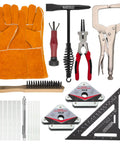 MIG Welding Tools 10 Piece Kit Including Chipping Hammer Leather Welding Gloves Speed Square Welding Clamp Soapstone Holder Welding Magnet Welpers Pliers MIG Nozzle Reamer Wire Brush and More Pro Grade Gear for Welding Projects.
