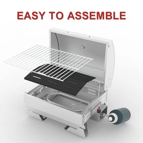 Stainless Steel Portable Tabletop Gas Grill With 10000 BTU Power, 285 Square Inches Of Cooking Space, Folding Legs, Lockable Lid