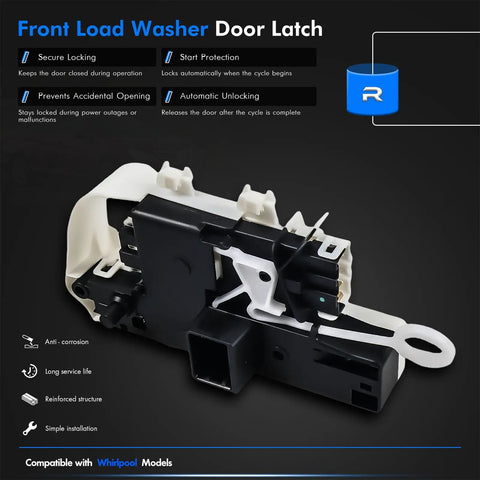 Replacement Heavy Duty Front Load Washer Door Latch Assembly Whirlpool Kenmore Maytag Wpw10253483 W10253483 close-up view displaying secure locking features.
