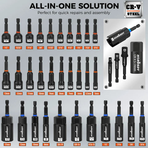 Go-To Heavy Duty Magnetic Impact Nut Driver Set 79-Piece With Metric And SAE Bits 3-Lb Magnetic Pickup Tool Socket Adapters Wing Nut Driver Universal Sockets Quick-Change Bit Holder Extensions And Power Bits