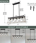 Farmhouse Rectangular Five Light Chandelier dimensions with adjustable height rods, rustic iron frame and faux wood grain finish.