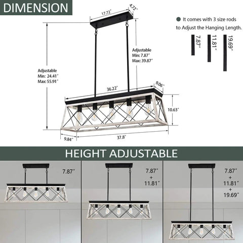 Farmhouse Rectangular Five Light Chandelier dimensions with adjustable height rods, rustic iron frame and faux wood grain finish.