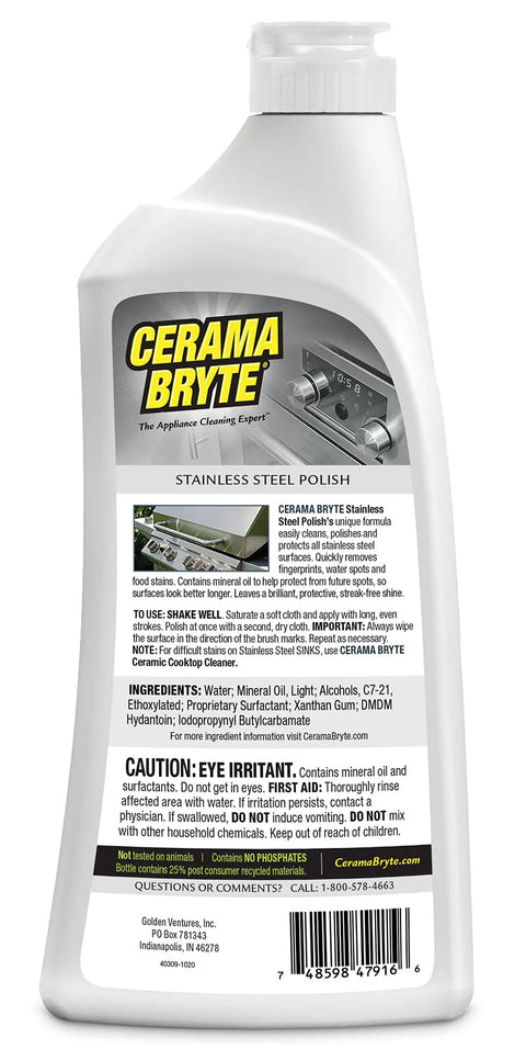 Back label of 16 oz bottle of Stainless Steel Cleaner For Appliances Delivers Streak Free Shine And Fingerprint Resistance