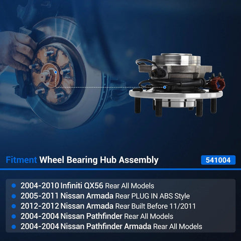 Wheel Hub And Bearing Assembly 541004 For Nissan Armada Pathfinder Infiniti QX56 Six Lug With ABS Direct Fit Front Axle Replacement