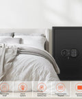Beefy Extra Large Home Safe With Digital Keypad 5 Cu Ft Capacity tall black safe next to bed, fireproof and waterproof with shelves