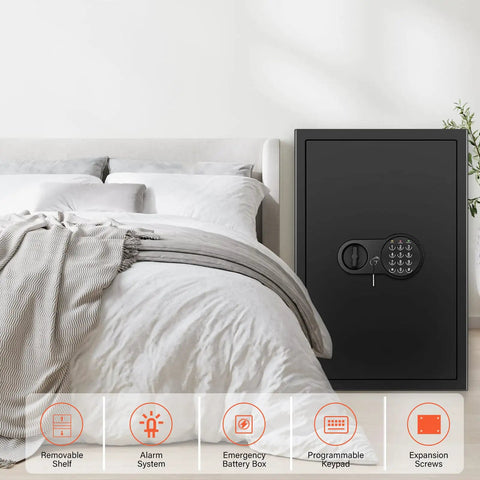 Beefy Extra Large Home Safe With Digital Keypad 5 Cu Ft Capacity tall black safe next to bed, fireproof and waterproof with shelves