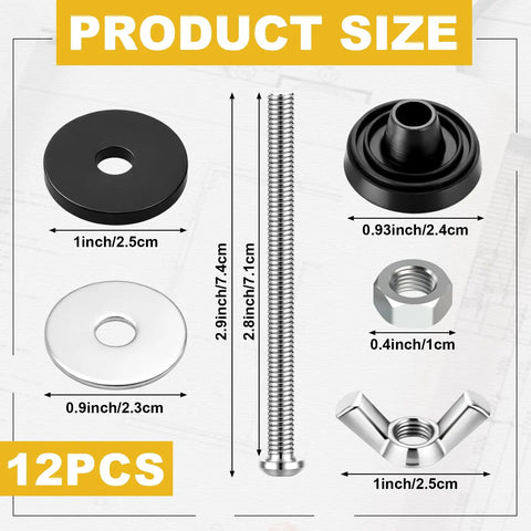 Heavy Duty Universal Toilet Tank To Bowl Bolt Kit 12 Piece Bulk Set With Stainless Steel Screws Nuts And Rubber Gaskets showing product sizes.