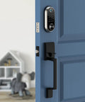 Front Door Handle Set Matte Black Exterior Interior Entry Lever Handleset With Century Trim on blue door with smart lock