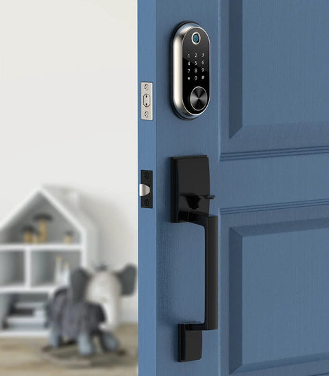 Front Door Handle Set Matte Black Exterior Interior Entry Lever Handleset With Century Trim on blue door with smart lock