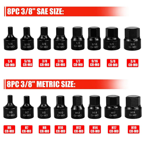 Low Profile 16 Piece Impact Hex Driver Set SAE And Metric Quarter Inch To Three Quarter Inch 6mm To 19mm Cr-Mo Steel