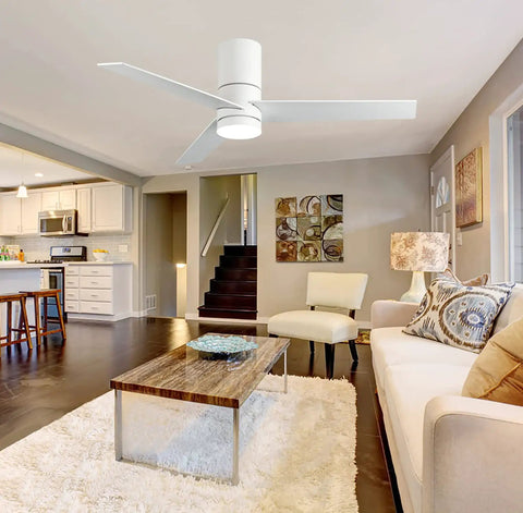 White Flush Mount Ceiling Fan With Lights Remote Control 46 Inch in modern living room with art and plush seating