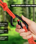 Close-up of Heavy Duty Auto Lock Carabiner Clips 28KN 6172Lbs Aluminum in use with red rope, demonstrating twist lock feature.