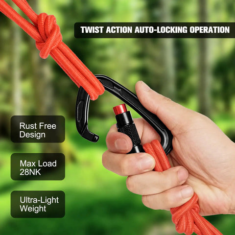 Close-up of Heavy Duty Auto Lock Carabiner Clips 28KN 6172Lbs Aluminum in use with red rope, demonstrating twist lock feature.