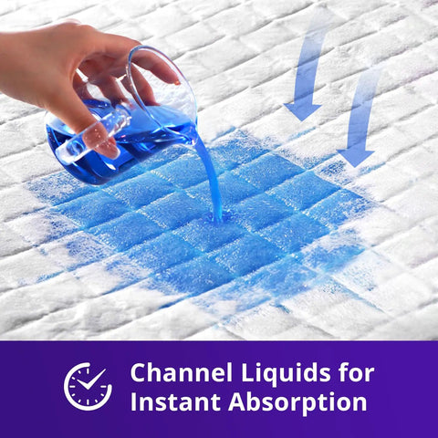 Close-up of pouring blue liquid demonstrating Heavy Duty Overnight Incontinence Bed Pads For Adults, Super Absorbent Leakproof Pee Protection With Lock Down Grip Backing, Next Level Dry Shield For Your Mattress 30 X 36 Inches, 70 Count Pack.