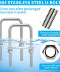 Square U Bolts Set 2 Inch Wide M10 Stainless Steel 304 Includes Wrench Four Pack For Trailer Auto Machinery And Marine Use Easy Install No Fuss Heavy Duty Clamp Fits Wide Range Of Frames Brackets And Hitch Assemblies with rust resistance features shown.