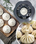 Flower Shaped Dumpling Mold Maker For Easy Homemade Bao Buns And Momo, showing plastic gadget and formed buns on wooden tray