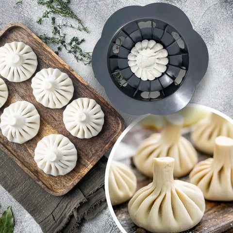 Flower Shaped Dumpling Mold Maker For Easy Homemade Bao Buns And Momo, showing plastic gadget and formed buns on wooden tray