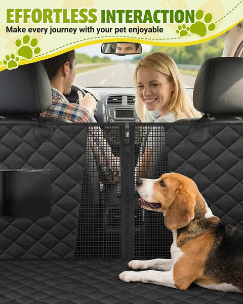 Dog sitting on Waterproof Nonslip Pup Car Seat Cover With 600D Oxford Cloth And TPU Liner Hammock Backseat Protector For Cars SUVs And Trucks Scratch Resistant Easy Clean Includes Seat Belt Openings