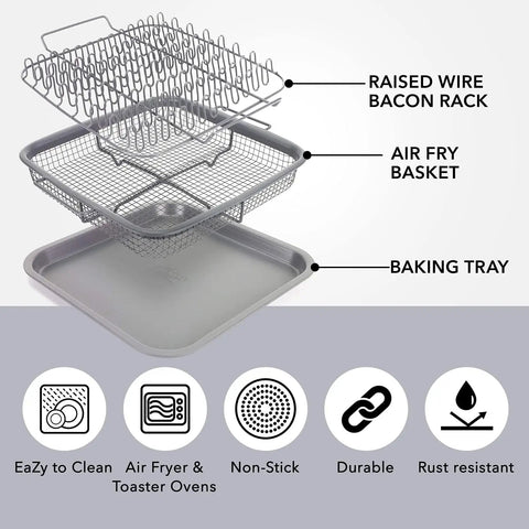 Air Fryer Crisper Basket And Tray Set With Grease Catcher For Oil Free Even Cooking Nonstick Finish Healthier Frying 9x10 Inch Gray