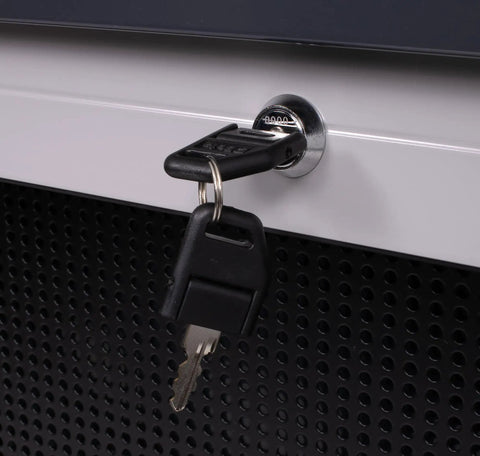 Close-up of lock with key on 67 Inch Lockable Garage Tool Panel With Aluminum Shutter And Three Perforated Panels, Beefy Wall Mount