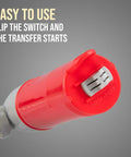 Close-up of red switch on Battery Powered Fuel Transfer Pump With Auto Stop, 3x More Powerful For Gas, Water And Other Liquids.