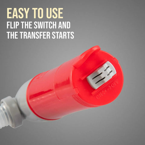 Close-up of red switch on Battery Powered Fuel Transfer Pump With Auto Stop, 3x More Powerful For Gas, Water And Other Liquids.