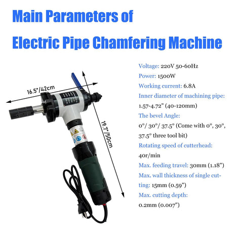 Top Shelf Electric Internal Expansion Pipe Beveler And Tube Chamfer Tool Built Different For Smooth Metal Fabrication Work With Hella Precise Angle Adjustments For 1.57 To 4.72 Inch Tubing Straight Upgrade On 220V Systems showing main parameters and dimensions.