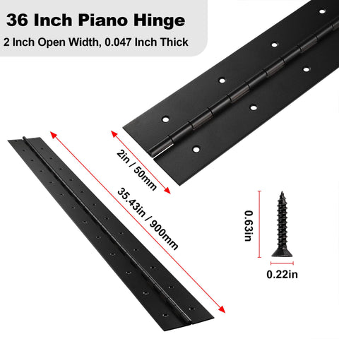 Heavy Duty 36 Inch Piano Hinges 0.047 Inch Thick Stainless Steel Black 2 Pack Continuous Hinge with dimensions shown