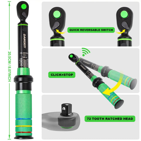 Ultra Precise Mini 1/4 Inch Torque Wrench For Bike, 20 To 240 Inch Pounds Range, 2.3 To 27.1 Newton Meters, Lightweight With 3 Degree Curved Ratchet Head, Quick Release Button, Anti Slip Ergonomic Handle, Ready For Gearheads, black and green torque wrench with reversible ratchet head