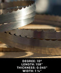 Close-up of 158 Inch Sawmill Bandsaw Blades 5 Pack DoubleHard 10 Degree, 0.045 Inch Thick, pro-grade steel in rugged use display.