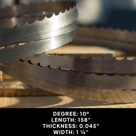 Close-up of 158 Inch Sawmill Bandsaw Blades 5 Pack DoubleHard 10 Degree, 0.045 Inch Thick, pro-grade steel in rugged use display.