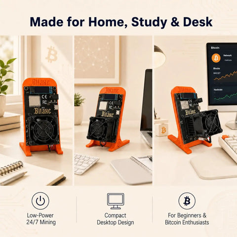 Compact Bitcoin Miner With Open Source SHA256 BM1370 ASIC 1.2TH/s Default And 1.4TH/s High Power Solo BTC Mining For Home Setup Plug And Play Ultra Low 18W 2.4G WiFi 5V Power Supply And Stand displayed on desk with laptop and plant