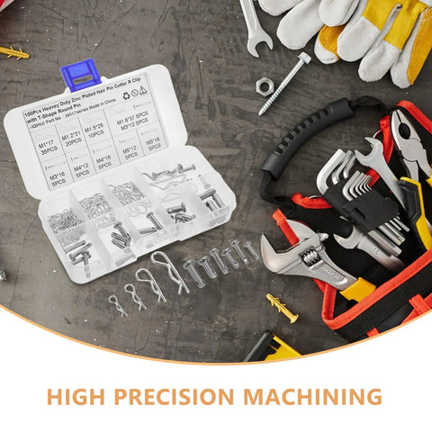 Assorted Safety Cotter Pin Kit 100 Pcs For Quick Install And Easy Removal Carbon Steel Silver Pins Includes Variety Of Pin Types For Auto Hitch Clips Heavy Duty And Rust Resistant Outdoor Ready, open case with assorted silver cotter pins