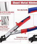Image of a 10 inch sheet metal nibbler shears with ergonomic handle and locking design, highlighting non-slip handle and protective cover.