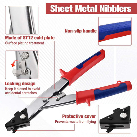 Image of a 10 inch sheet metal nibbler shears with ergonomic handle and locking design, highlighting non-slip handle and protective cover.