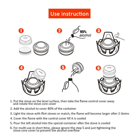 Use instructions for Ultralight Outdoor Mini Alcohol Stove Burner And Compact Cook Set For Camping Hiking Backpacking And Picnics