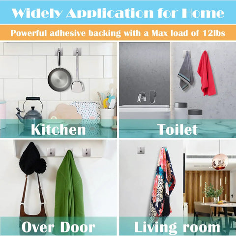 Heavy Duty Sticky Hooks 4 Pack Stainless Steel Wall Hanger Towel Hooks for Kitchen, Toilet, Over Door, Living Room