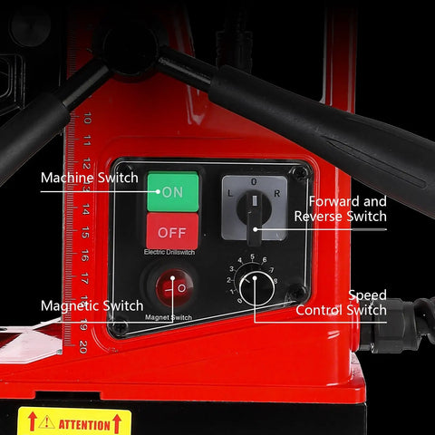 Control panel of Heavy Duty Magnetic Drill Press With Powerful 1550W Motor For Metal Surface Applications, showing switches and settings.