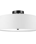 Two Light Flush Mount Ceiling Light In Dark Bronze With White Linen Drum Shade, Low Profile Design, E26 Base, Dimmable Fixture